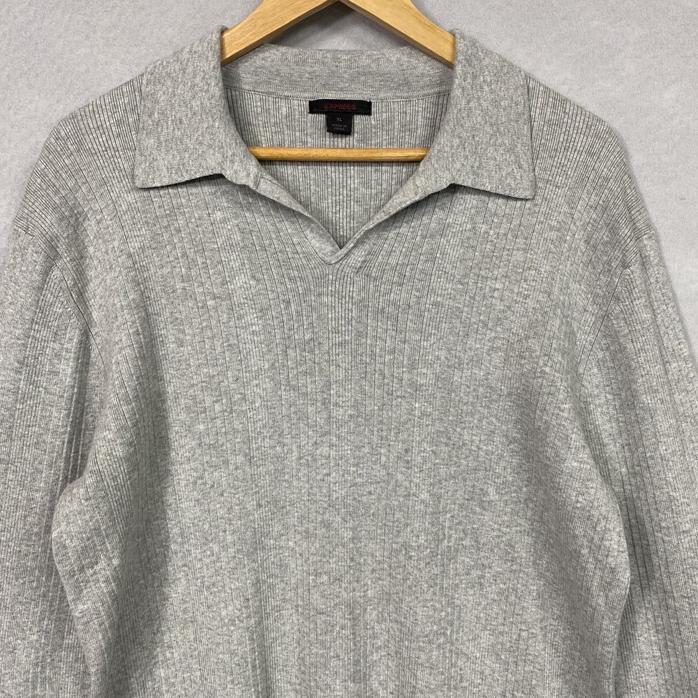 Express Men XL Sweater Gray V Neck Collared Ribbed Pullover 90s Y2K Style